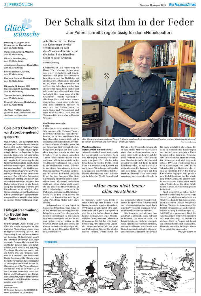 Neue Fricktaler Zeitung: Der Schalk sitz ihm in der Feder. Interview mit Jan Peters